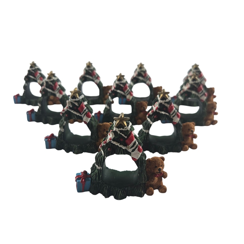 Vintage Christmas Tree Teddy Bear Napkin Rings Set of 8 Holiday Table Decor